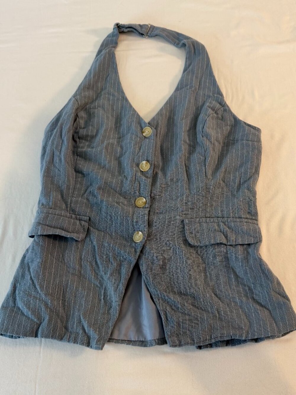 Monteau Los Angeles Halter Vest Women's L Blue Pinstripe Linen Blend Button Top